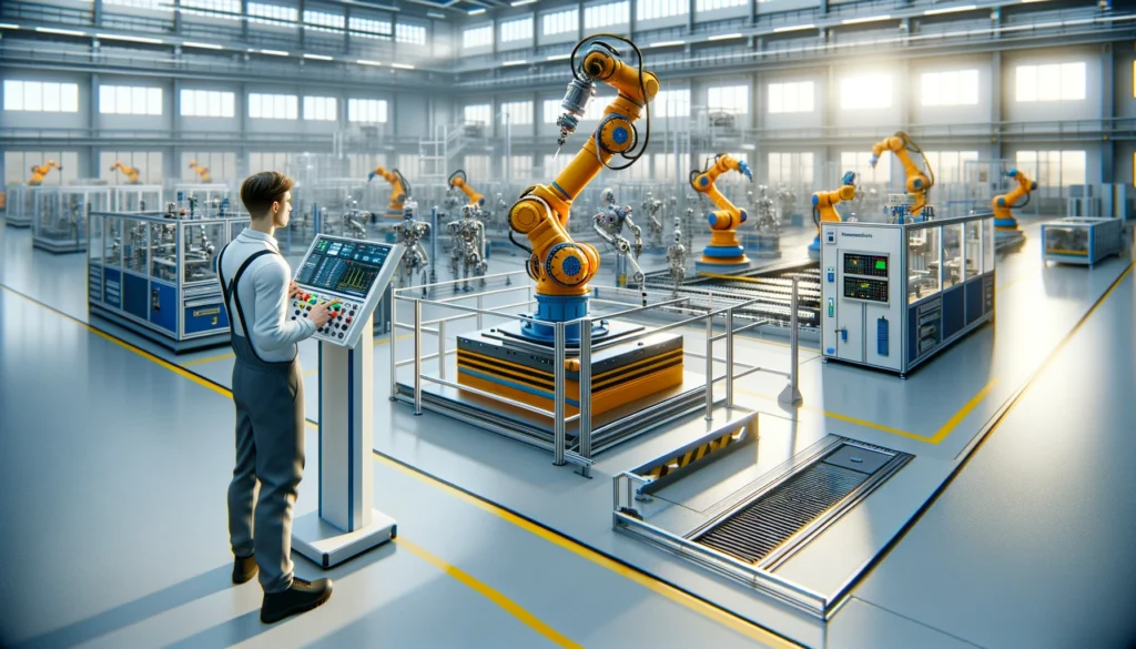 Eine realitätsnahe Darstellung der Inbetriebnahme eines Roboters in einer modernen Fabrik. Der Roboterprogrammierer überwacht und justiert das System, umgeben von modernster Technik und Maschinen, was die Spitze der Robotertechnologie in industriellen Anwendungen illustriert.