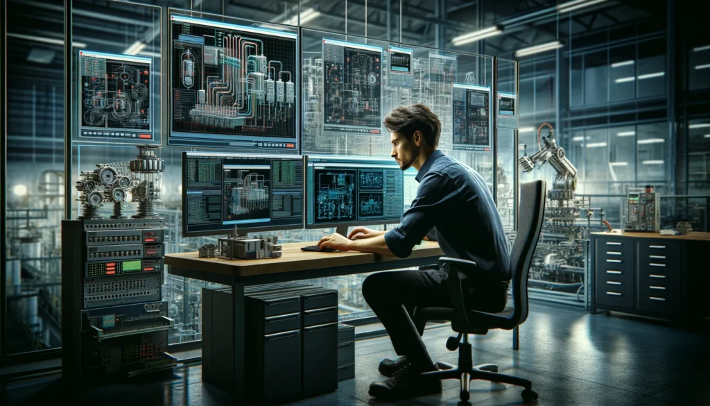 Ein professioneller SPS-Programmierer konzentriert an seiner Aufgabe, umgeben von mehreren Monitoren, die Steuerungsprogramme und Schemata anzeigen, mit industriellen Maschinen im Hintergrund.