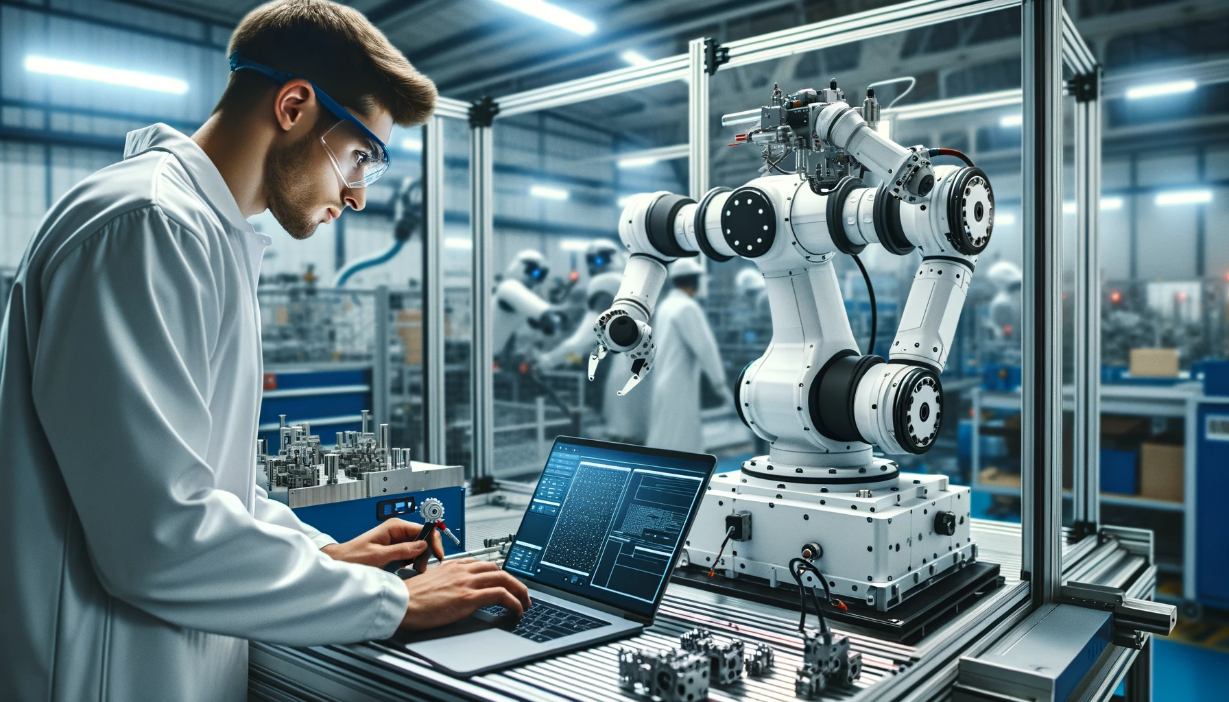Techniker bzw. Roboterprogrammierer programmiert einen ABB Industrieroboter, fokussiert auf einen Laptop in einer modernen, technologisch fortschrittlichen Produktionsumgebung.